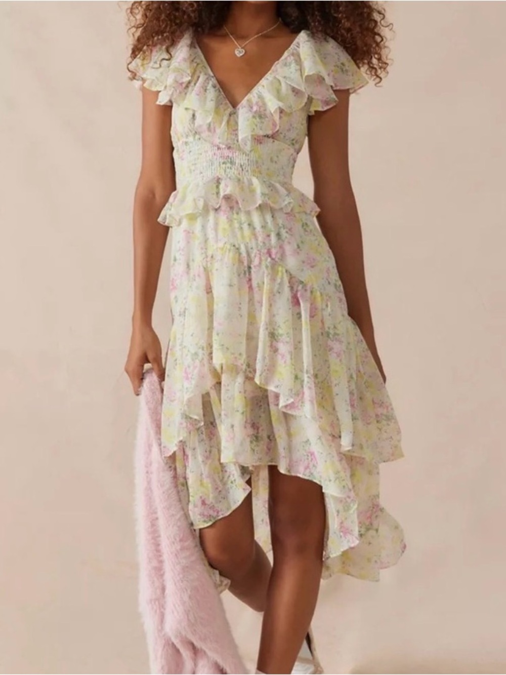 En Saison Pastel Floral High-Low Ruffle Dress